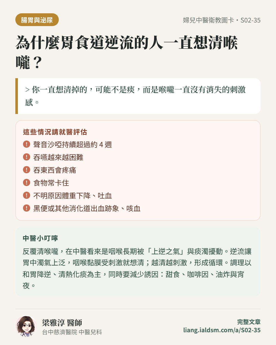 為什麼胃食道逆流的人一直想清喉嚨？衛教圖卡
