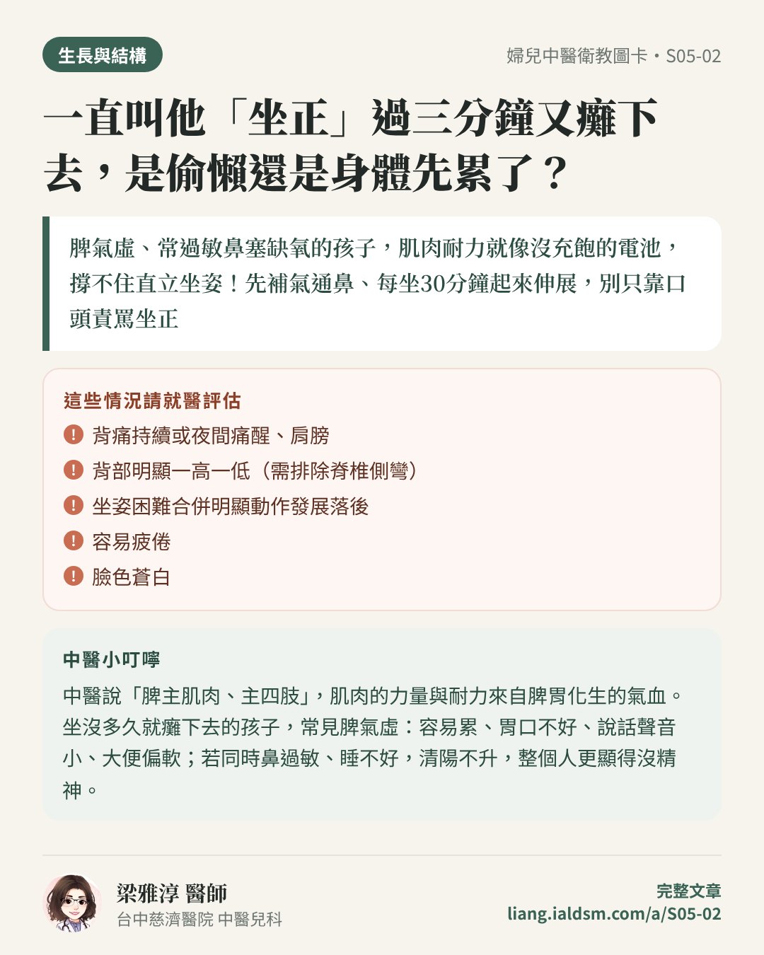 一直叫他「坐正」過三分鐘又癱下去，是偷懶還是身體先累了？衛教圖卡