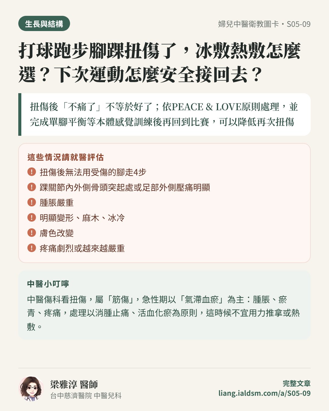 打球跑步腳踝扭傷了，冰敷熱敷怎麼選？下次運動怎麼安全接回去？衛教圖卡