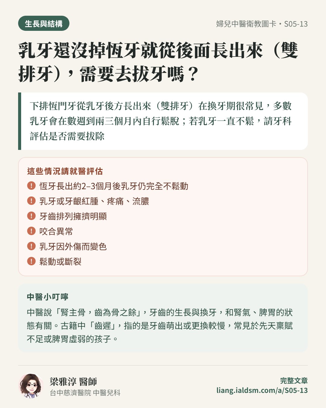 乳牙還沒掉恆牙就從後面長出來（雙排牙），需要去拔牙嗎？衛教圖卡