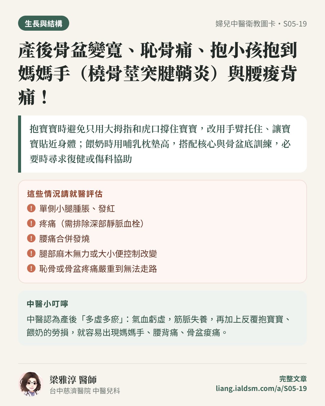 產後骨盆變寬、恥骨痛、抱小孩抱到媽媽手（橈骨莖突腱鞘炎）與腰痠背痛！衛教圖卡